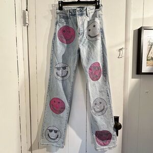 AKIRA Rhinestone Smiley Face Light Blue Jeans